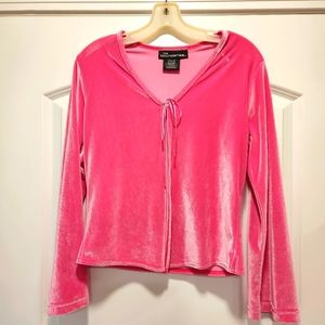 NO BOUNDARIES PINK PLUSH V-NECK TIE SHIRT/JACKET JUNIOR SIZE SMALL 3/5 NEW